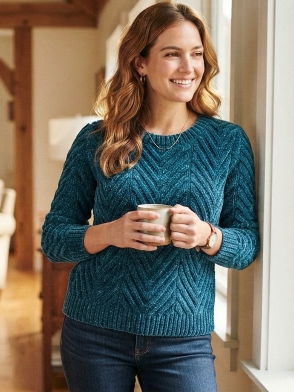 Orvis Chenille Knit Sweater Teal Blue Chevron Cable Crew Neck Soft Plush Small